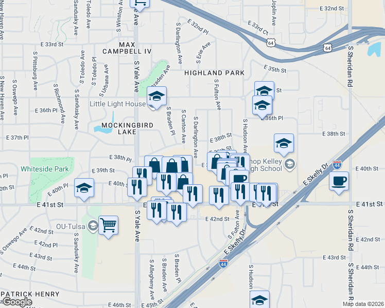 map of restaurants, bars, coffee shops, grocery stores, and more near 3814 South Darlington Avenue in Tulsa