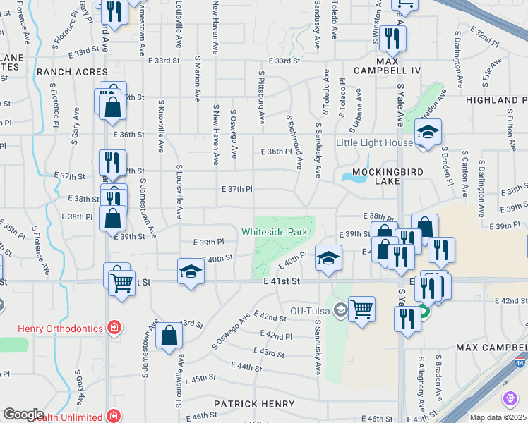 map of restaurants, bars, coffee shops, grocery stores, and more near 4116 East 38th Street in Tulsa
