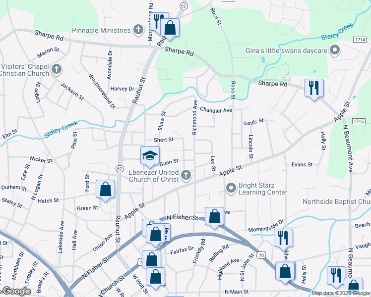 map of restaurants, bars, coffee shops, grocery stores, and more near 724 Richmond Avenue in Burlington