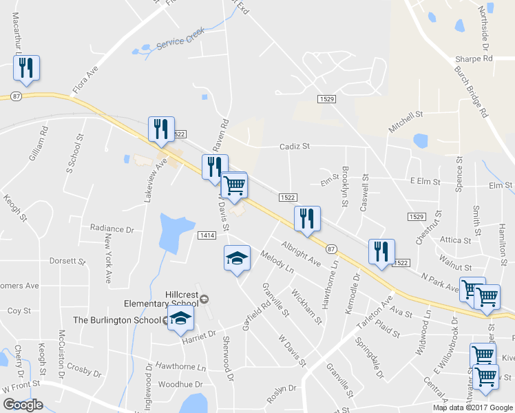 map of restaurants, bars, coffee shops, grocery stores, and more near 1786 West Webb Avenue in Burlington