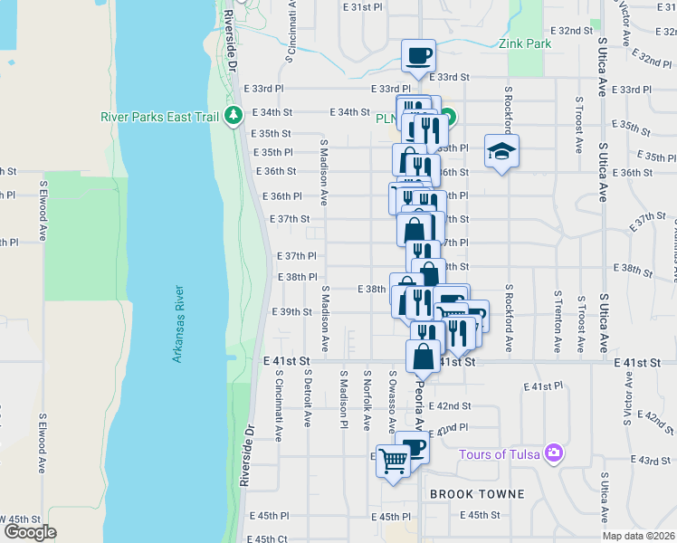 map of restaurants, bars, coffee shops, grocery stores, and more near 1027 East 38th Street in Tulsa