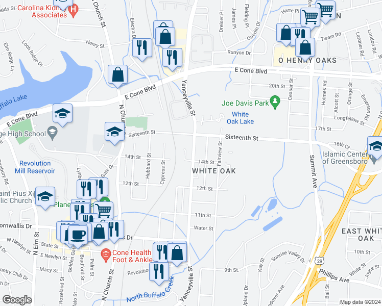 map of restaurants, bars, coffee shops, grocery stores, and more near 2505 Yanceyville Street in Greensboro