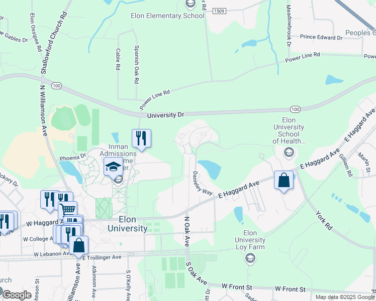 map of restaurants, bars, coffee shops, grocery stores, and more near 100 Dalton McMichael Drive in Elon