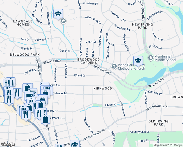 map of restaurants, bars, coffee shops, grocery stores, and more near 1702 Efland Drive in Greensboro