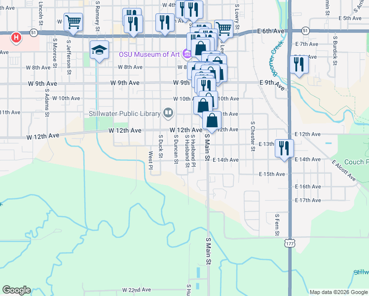 map of restaurants, bars, coffee shops, grocery stores, and more near 1212 South Husband Street in Stillwater