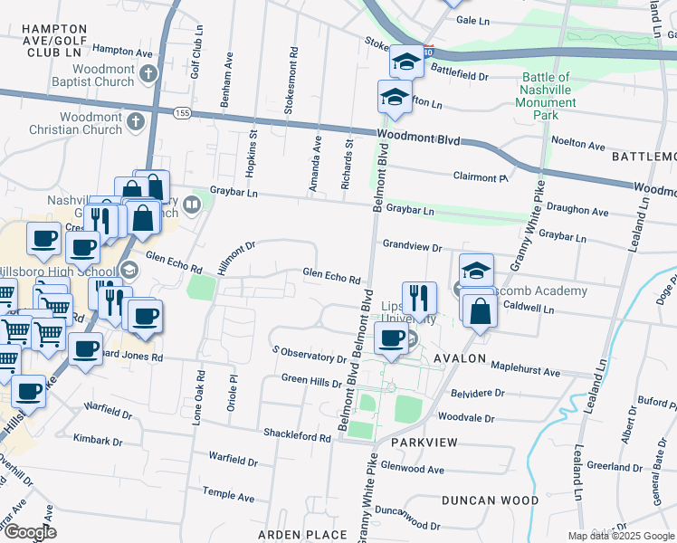 map of restaurants, bars, coffee shops, grocery stores, and more near 1616 Glen Echo Road in Nashville
