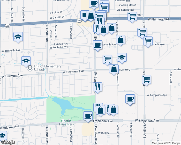 map of restaurants, bars, coffee shops, grocery stores, and more near 4965 Ridge Avenue in Las Vegas