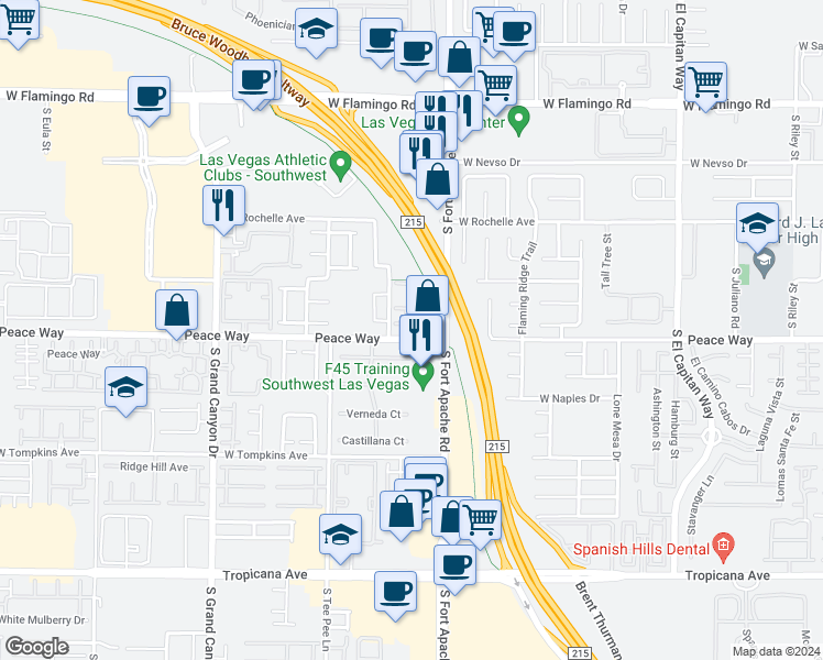 map of restaurants, bars, coffee shops, grocery stores, and more near 241 South Chieftain Street in Las Vegas