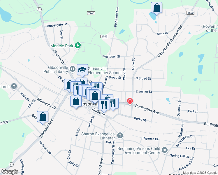 map of restaurants, bars, coffee shops, grocery stores, and more near 713 East Joyner Street in Gibsonville