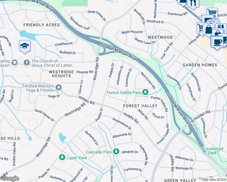map of restaurants, bars, coffee shops, grocery stores, and more near 2006 Pebble Drive in Greensboro