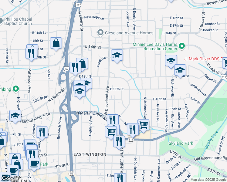 map of restaurants, bars, coffee shops, grocery stores, and more near 1212 East 11th Street in Winston-Salem