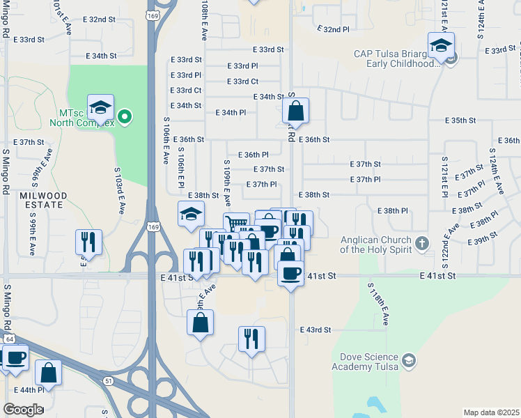 map of restaurants, bars, coffee shops, grocery stores, and more near 11026 East 38th Street in Tulsa