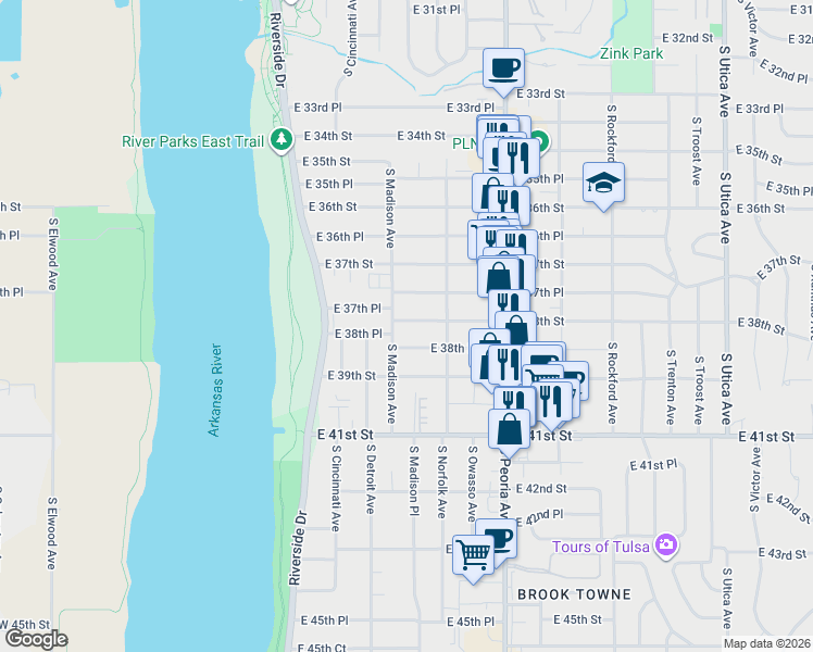 map of restaurants, bars, coffee shops, grocery stores, and more near 1027 East 38th Street in Tulsa