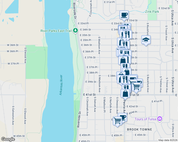 map of restaurants, bars, coffee shops, grocery stores, and more near 914 East 37th Place in Tulsa