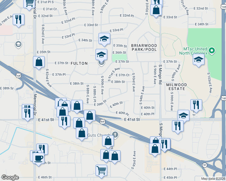 map of restaurants, bars, coffee shops, grocery stores, and more near 9118 East 38th Place in Tulsa