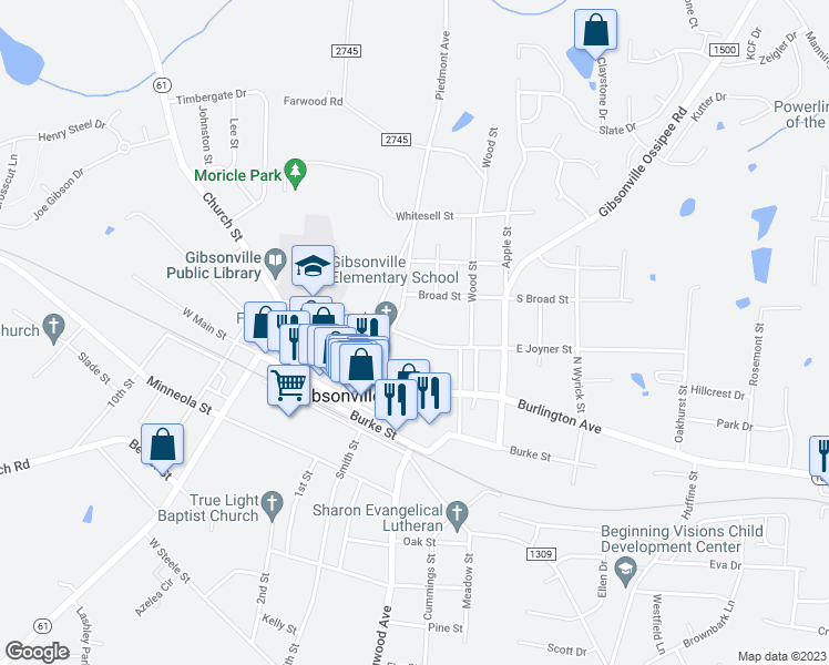 map of restaurants, bars, coffee shops, grocery stores, and more near 707 East Joyner Street in Gibsonville