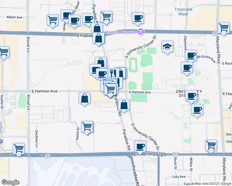 map of restaurants, bars, coffee shops, grocery stores, and more near 4510 Paradise Rd in Las Vegas