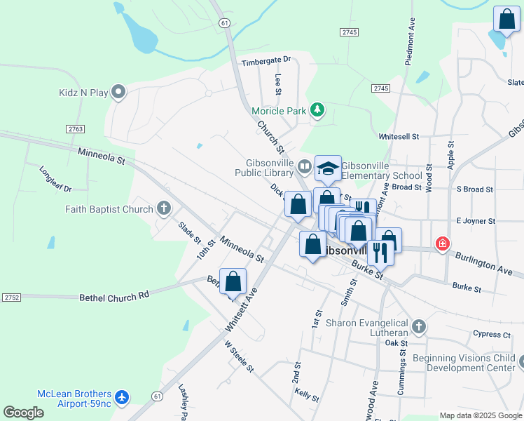 map of restaurants, bars, coffee shops, grocery stores, and more near 515 West Main Street in Gibsonville