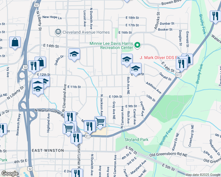 map of restaurants, bars, coffee shops, grocery stores, and more near 1608 East 11th Street in Winston-Salem