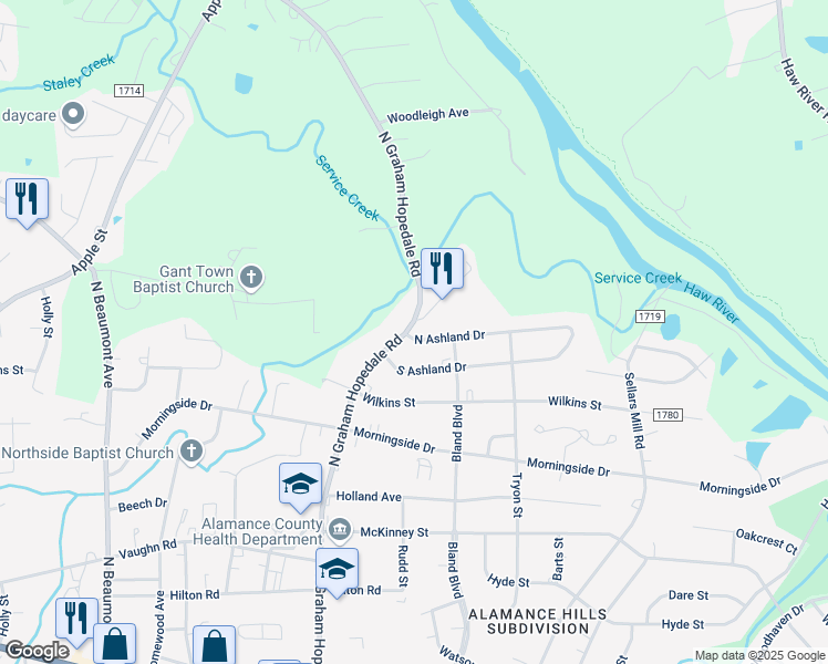map of restaurants, bars, coffee shops, grocery stores, and more near 999 North Graham Hopedale Road in Burlington