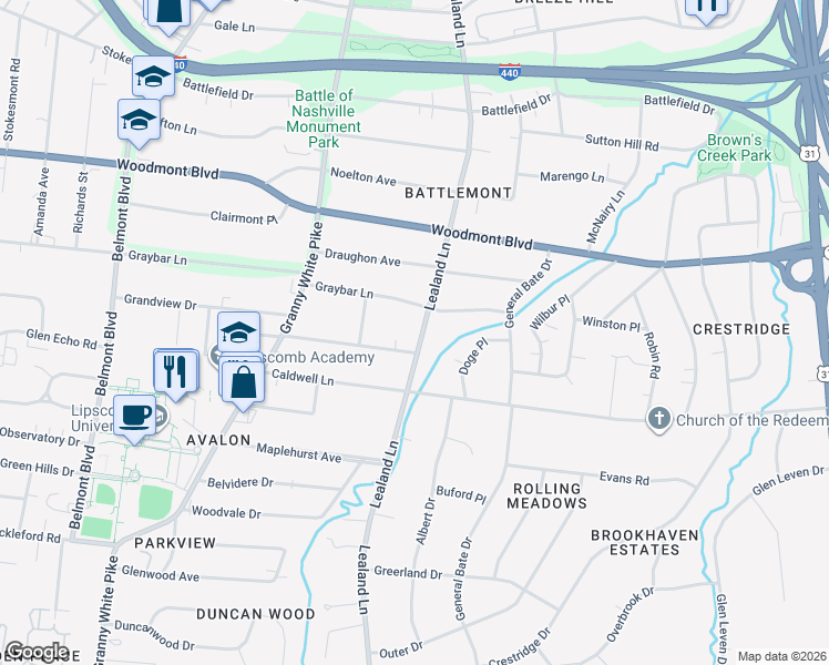 map of restaurants, bars, coffee shops, grocery stores, and more near 3700B Lealand Lane in Nashville
