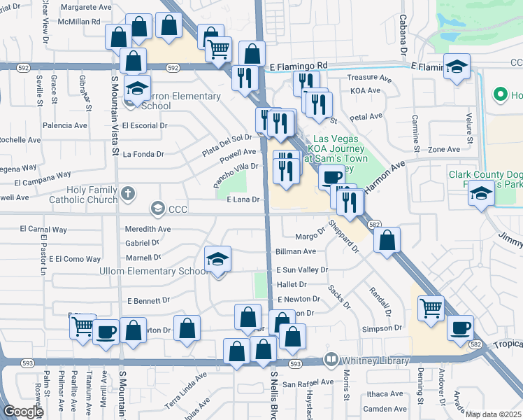 map of restaurants, bars, coffee shops, grocery stores, and more near 4485 South Nellis Boulevard in Las Vegas