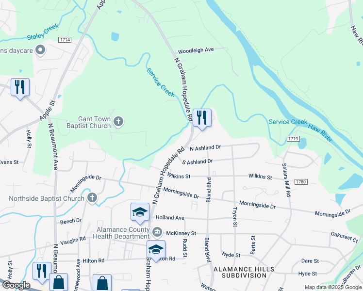map of restaurants, bars, coffee shops, grocery stores, and more near 999 North Graham Hopedale Road in Burlington