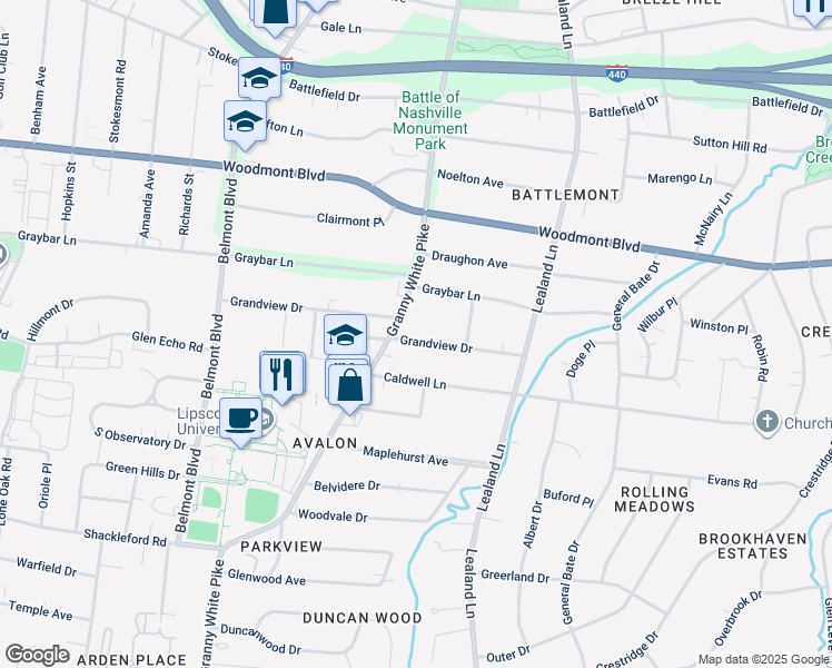 map of restaurants, bars, coffee shops, grocery stores, and more near 1114 Grandview Dr in Nashville