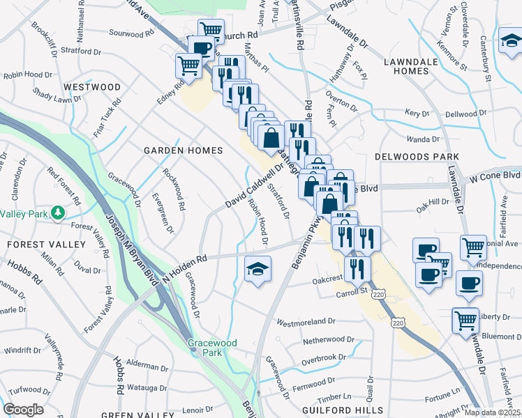 map of restaurants, bars, coffee shops, grocery stores, and more near 2618 Robin Hood Drive in Greensboro