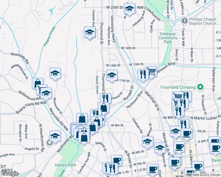 map of restaurants, bars, coffee shops, grocery stores, and more near 920 West 11th Street in Winston-Salem
