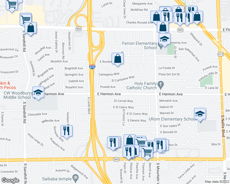 map of restaurants, bars, coffee shops, grocery stores, and more near 4342 East Harmon Avenue in Las Vegas