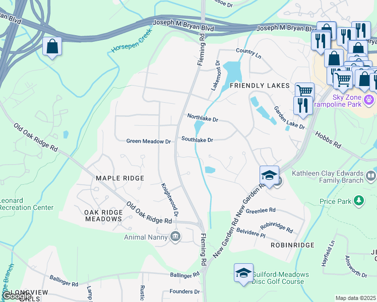 map of restaurants, bars, coffee shops, grocery stores, and more near 17 Brookway Drive in Greensboro