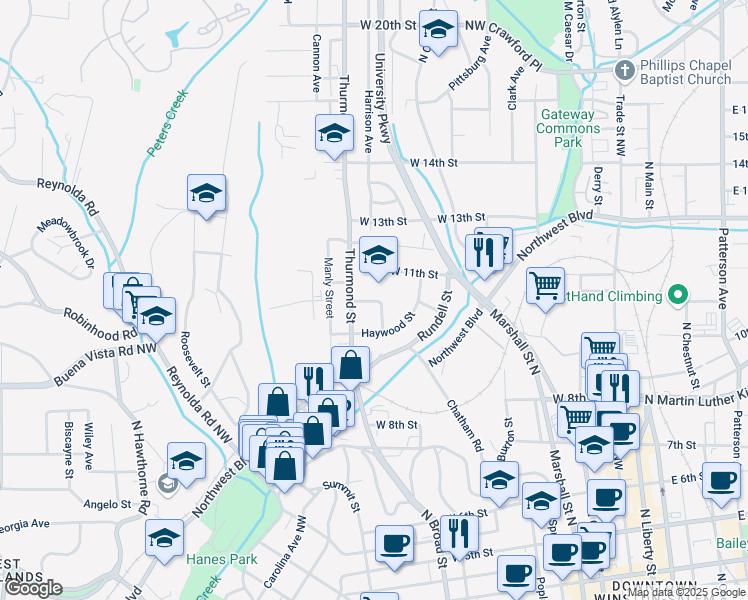 map of restaurants, bars, coffee shops, grocery stores, and more near 920 West 11th Street in Winston-Salem