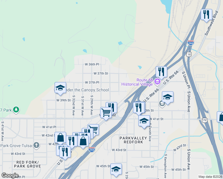 map of restaurants, bars, coffee shops, grocery stores, and more near 2617 West 38th Street in Tulsa