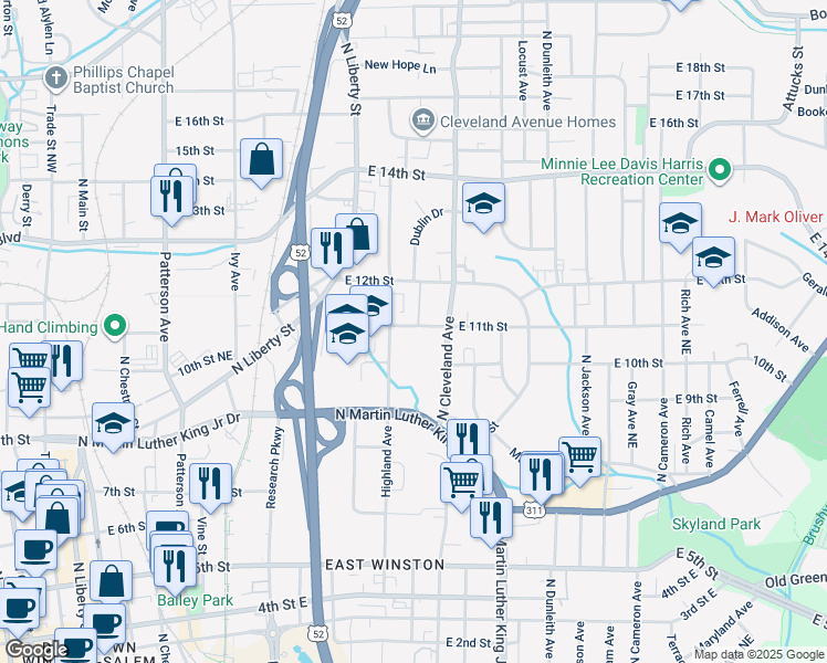map of restaurants, bars, coffee shops, grocery stores, and more near 1038 East 11th Street in Winston-Salem