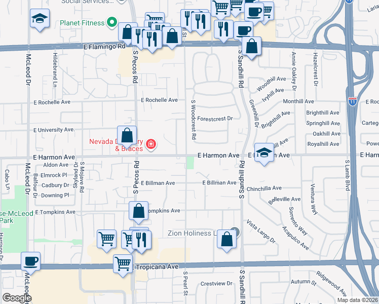 map of restaurants, bars, coffee shops, grocery stores, and more near 3612 East Harmon Avenue in Las Vegas