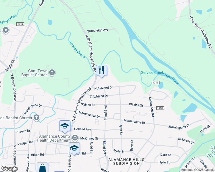 map of restaurants, bars, coffee shops, grocery stores, and more near 2005 North Ashland Drive in Burlington