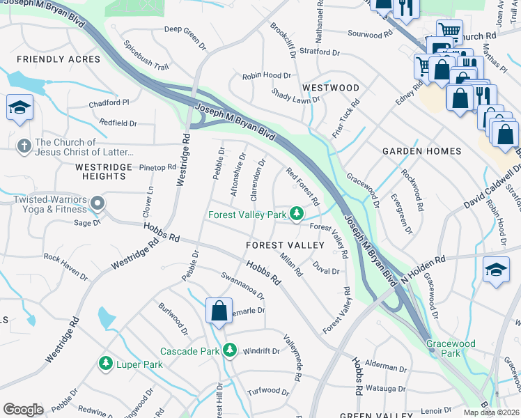 map of restaurants, bars, coffee shops, grocery stores, and more near 1702 Clarendon Drive in Greensboro