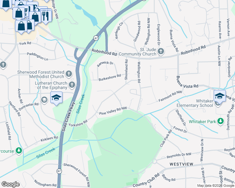 map of restaurants, bars, coffee shops, grocery stores, and more near 640 Yorkshire Road in Winston-Salem