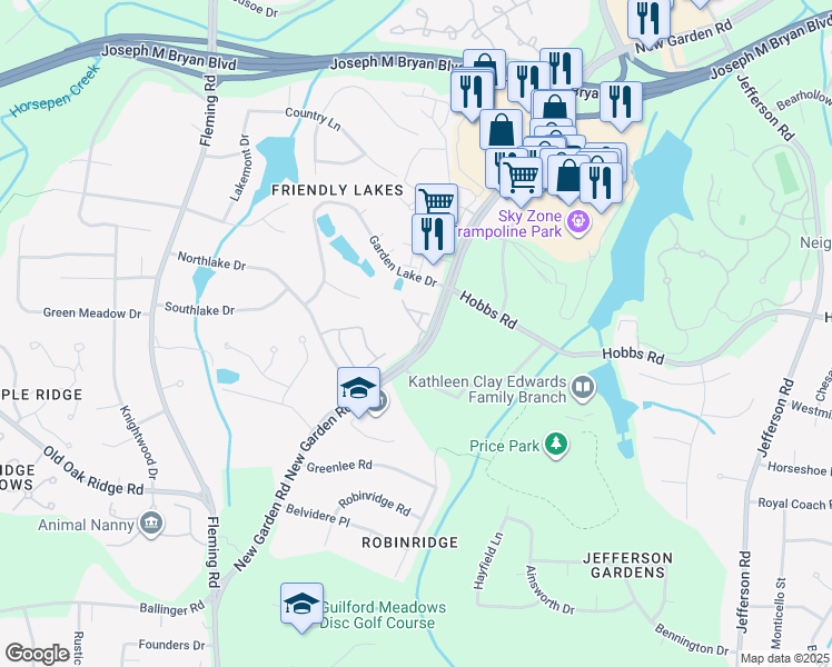 map of restaurants, bars, coffee shops, grocery stores, and more near 1419 New Garden Road in Greensboro