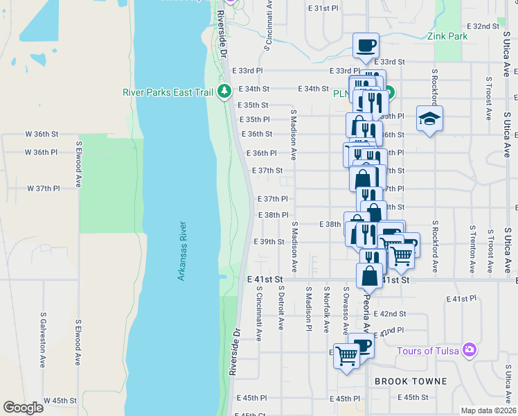 map of restaurants, bars, coffee shops, grocery stores, and more near 914 East 37th Place in Tulsa