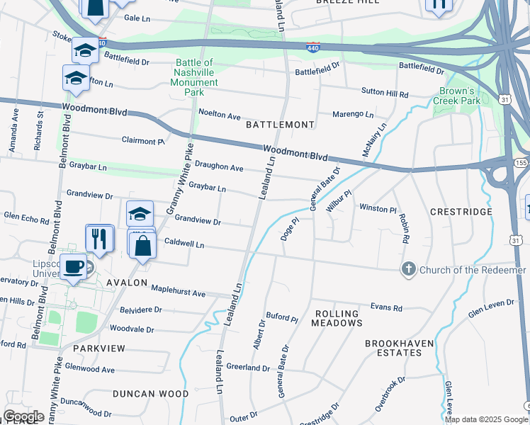 map of restaurants, bars, coffee shops, grocery stores, and more near 3700B Lealand Lane in Nashville