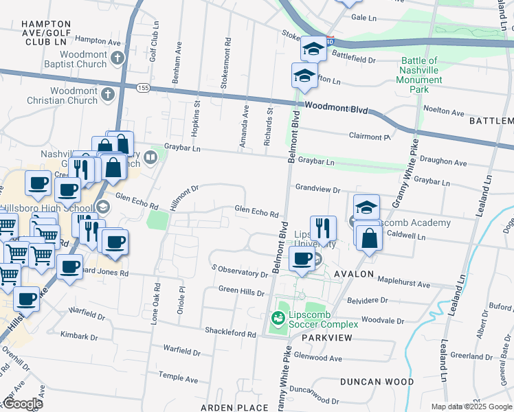 map of restaurants, bars, coffee shops, grocery stores, and more near 1616 Glen Echo Road in Nashville