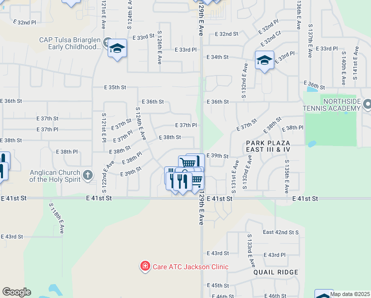 map of restaurants, bars, coffee shops, grocery stores, and more near 12759 East 39th Street in Tulsa