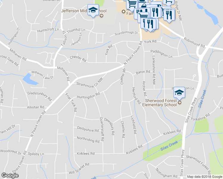 map of restaurants, bars, coffee shops, grocery stores, and more near 1235 Huntingdon Road in Winston-Salem