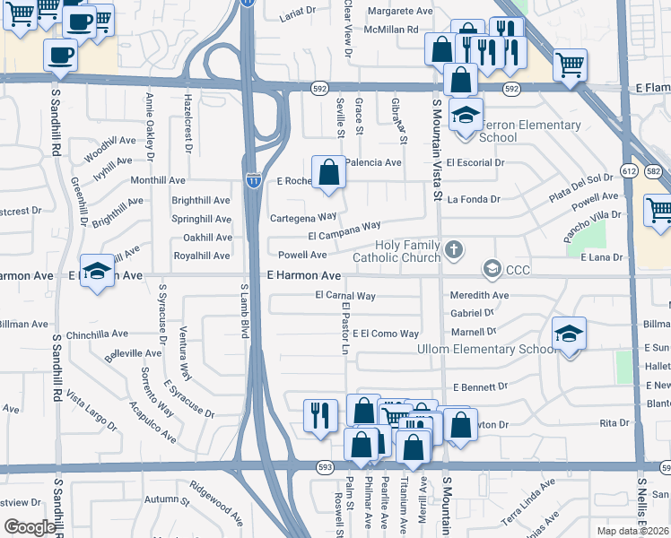 map of restaurants, bars, coffee shops, grocery stores, and more near 4374 East Harmon Avenue in Las Vegas