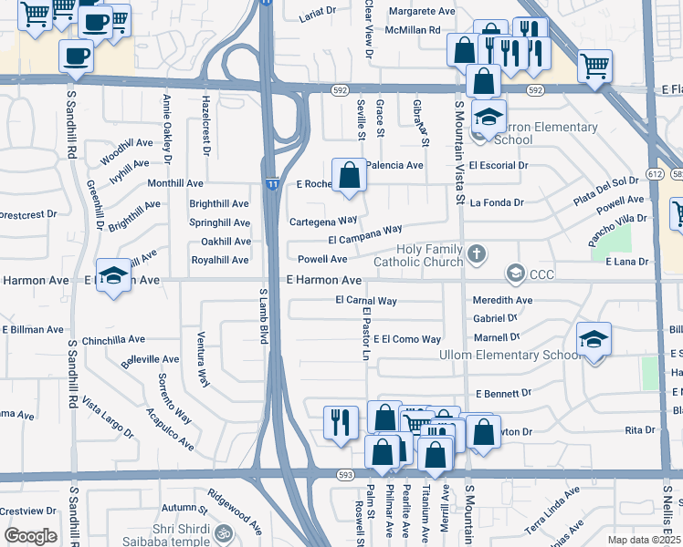 map of restaurants, bars, coffee shops, grocery stores, and more near 4342 East Harmon Avenue in Las Vegas