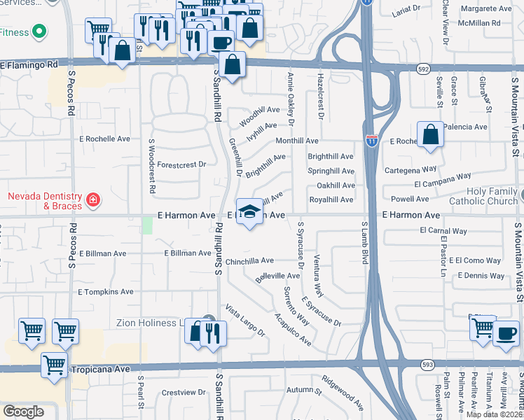 map of restaurants, bars, coffee shops, grocery stores, and more near 3925 Oakhill Avenue in Las Vegas