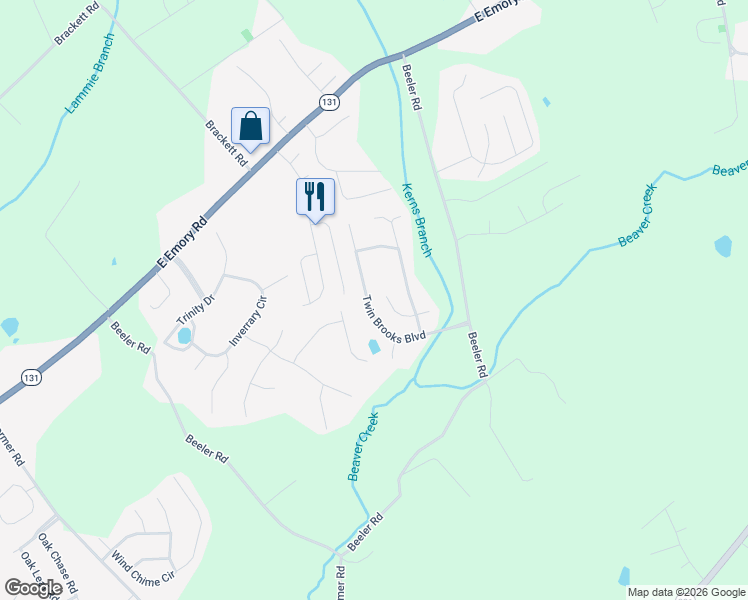 map of restaurants, bars, coffee shops, grocery stores, and more near 7459 Twin Brooks Boulevard in Knoxville