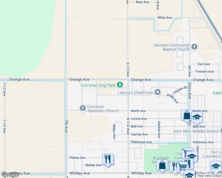 map of restaurants, bars, coffee shops, grocery stores, and more near 2611 Gable Avenue in Corcoran